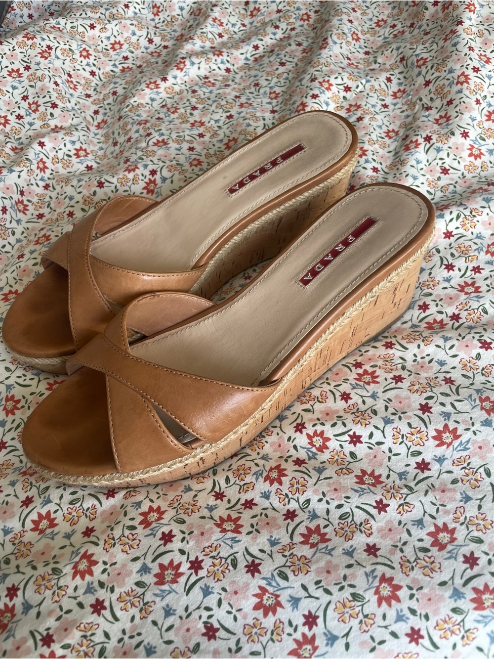 Y2K Vintage Prada Tan Leather Cork Wedge Slide Sandals Size 36